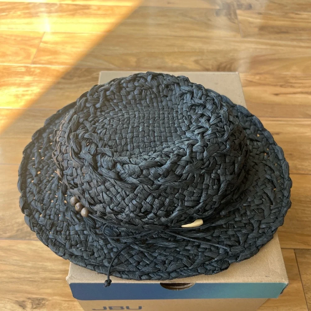 Club Monaco 100% Raffia Straw Black Sun Hat Grunge - Picture 2 of 5